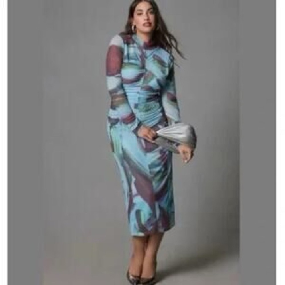 Anthropologie Long Sleeve Printed Mesh Midi Dress